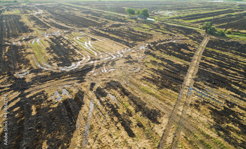 burn rice fields, aerial view from flying drone of Field rice, Forest fires 