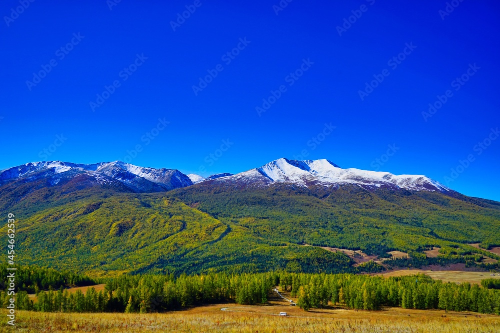 Green trees grow under the snow-covered mountain tops. Blue sky, clouds, buses. Green trees grow under the snow-covered mountain tops. Blue sky, clouds, buses.
