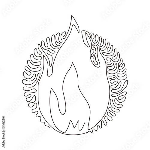 Continuous one line drawing fire, flame. Red flame in abstract style. Flat fire. Modern art isolated graphic. Fire sign. Swirl curl circle background style. Single line draw design vector graphic