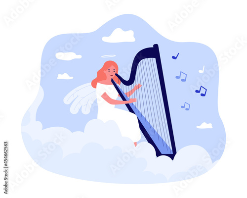 Cartoon angel playing harp flat vector illustration. Girl with wings and halo above her head engaged in music sitting on cloud in sky. Religion, music, heaven, hobby, inspiration concept for design