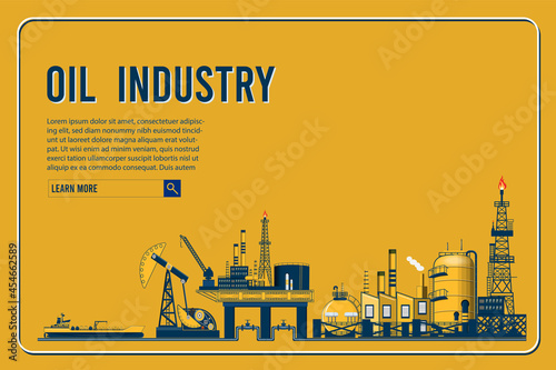 Gas and oil industry extraction platform background with Outbuildings, Oil storage tank. Poster Brochure Flyer Design, Vector Illustration EPS10