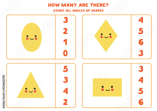 Counting game with cute kawaii geometrical shapes. Count number of angles.