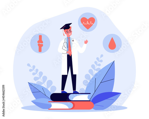 Medical University graduate flat vector illustration. Young doctor with knowledge of circulation, joint and cardiovascular health, standing on giant books. Medicine, education, healthcare concept