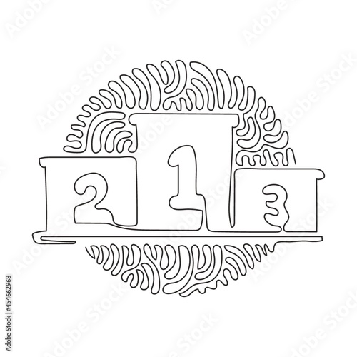 Single one line drawing winners podium with number. Pedestal or platform. Stage for awards ceremony. Swirl curl circle background style. Modern continuous line draw design graphic vector illustration