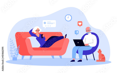 Elderly couple resting in living room using gadgets. Flat vector illustration. Modern retirees using smartphone and laptop, communicating on Internet. Family, technology, social network concept