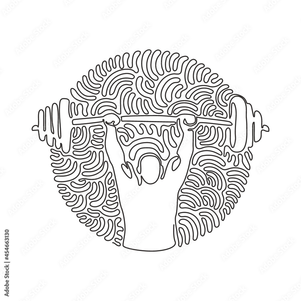 Single continuous line drawing Bodybuilder Fitness Model with barbell. Fitness logo badge with muscle man, Gymnastic or Body Build. Swirl curl circle background style. One line draw graphic design Single continuous line drawing Bodybuilder Fitness Model with barbell. Fitness logo badge with muscle man, Gymnastic or Body Build. Swirl curl circle background style. One line draw graphic design
