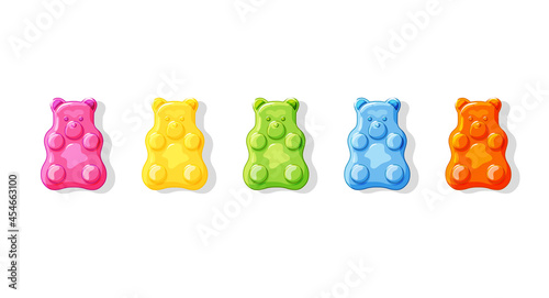 Gummy bears set on a white isolated background. Multi-colored Sweet jelly candies. Cartoon vector illustration of vitamins.