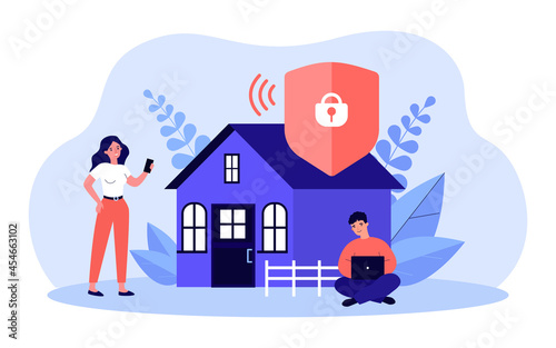 Protected access to Wi-Fi network flat vector illustration. Man and woman in background of house, using gadgets and Internet, connecting to home network. Security, Internet, Web connection concept