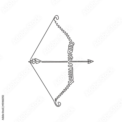Single one line drawing Arrow and bow Indian archery weapon. Native longbow warrior or hunting equipment. Tribal wooden armor. Swirl curl style. Continuous line draw design graphic vector illustration