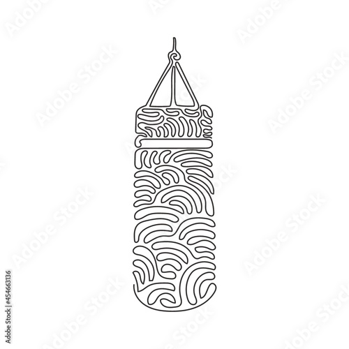 Single one line drawing black punching bag logo isolated. Hitting bag for boxing training. Boxing equipment exercise. Swirl curl style. Modern continuous line draw design graphic vector illustration