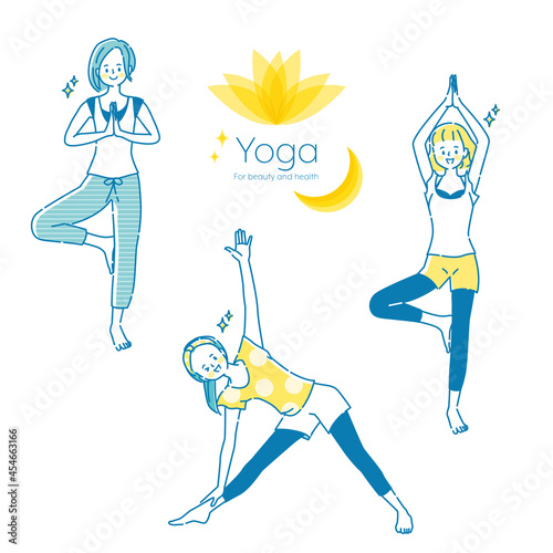 ヨガをする若い女性のイラストセット