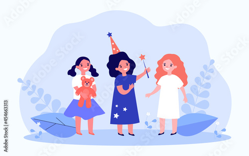 Three little girlfriends and magical fulfillment of dreams. Flat vector illustration. Sorceress girl fulfilling wishes of her friends, giving them toy gifts. Magic, wish, fairy tale, childhood concept