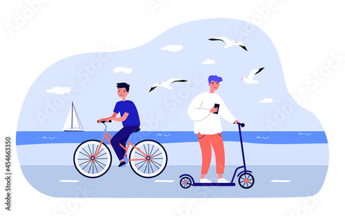 Teenagers riding bicycle and scooter along sea coast. Flat vector illustration. Boys enjoying summer nature, having fun, riding bikes and scooters. Entertainment, youth, summer, vehicle concept