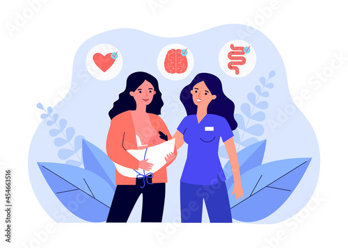 Midwife and young mother breastfeeding her baby. Flat vector illustration. Newborn tested for healthy functioning of nervous, digestive, cardiac systems. Screening, health, childbirth concept