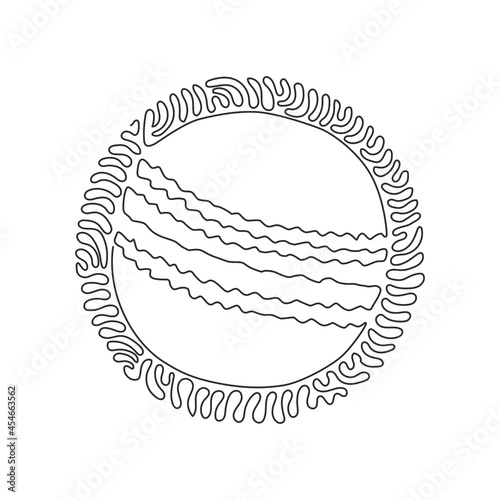 Single continuous line drawing cricket ball leather hard circle stitch close-up. Sports equipment. Summer team sports. Swirl curl circle background style. Dynamic one line draw graphic design vector