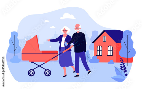 Grandparents walking with stroller in courtyard of house. Flat vector illustration. Elderly man and woman walking with their newborn grandson or granddaughter. Family, childhood, rest, care concept