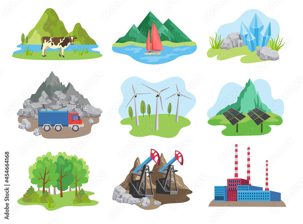 Set of natural resources cartoon vector illustration. Energy production,  water and air pollution, crude oil, gas, minerals extraction, forest  industry. Environment, human impact, ecology concept Stock Vector | Adobe  Stock