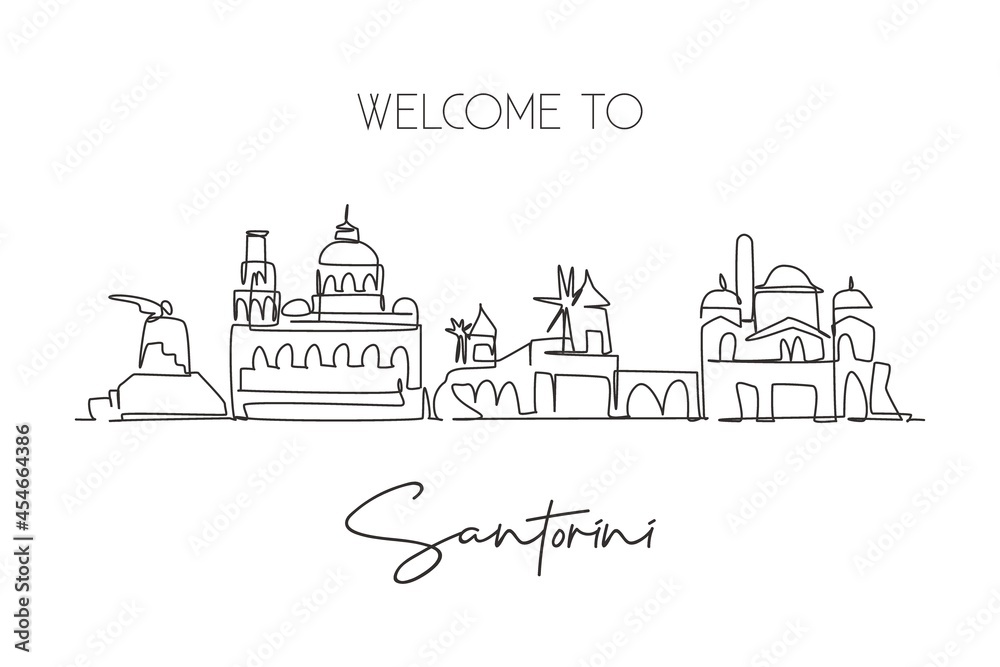 Continuous one line drawing Santorini old city skyline, Greece. Beautiful landmark. World landscape tourism travel wall decor poster print art. Stylish single line draw design vector illustration