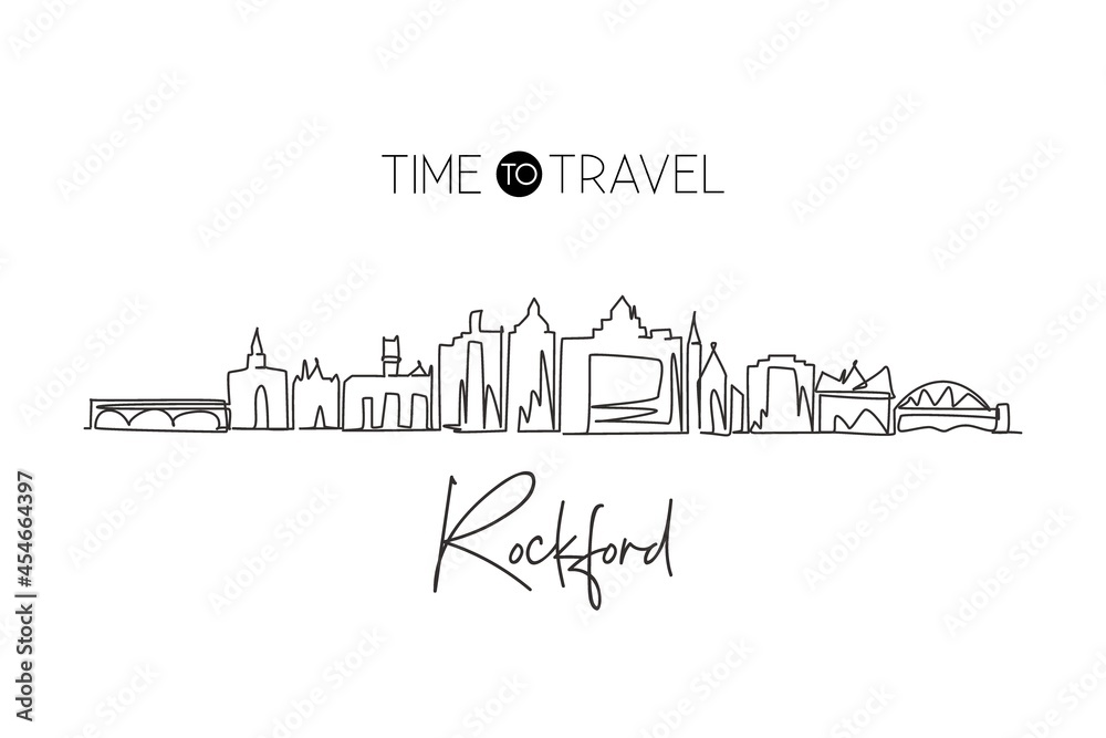 Single continuous line drawing Rockford city skyline, Illinois. Famous city scraper landscape. World travel home wall decor art poster print concept. Modern one line draw design vector illustration