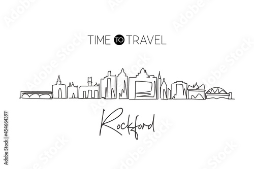 Single continuous line drawing Rockford city skyline, Illinois. Famous city scraper landscape. World travel home wall decor art poster print concept. Modern one line draw design vector illustration photo