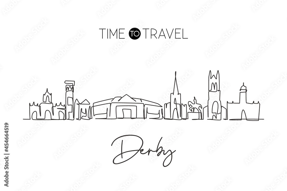 Single continuous line drawing Derby city skyline, United Kingdom. Famous city scraper landscape. World travel home wall decor art poster print concept. Modern one line draw design vector illustration