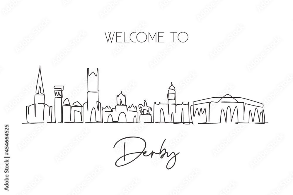 Single one line drawing Derby city skyline, United Kingdom. World historical town landscape. Best holiday destination postcard. Editable stroke trendy continuous line draw design vector illustration
