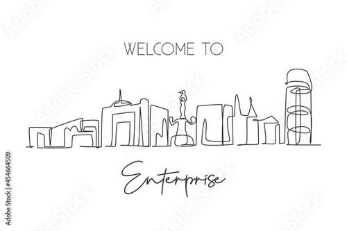 Continuous one line drawing Enterprise city skyline, Alabama. Beautiful landmark. World landscape tourism travel wall decor poster print art. Stylish single line draw design vector illustration