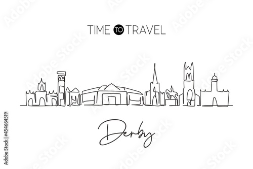 Single continuous line drawing Derby city skyline, United Kingdom. Famous city scraper landscape. World travel home wall decor art poster print concept. Modern one line draw design vector illustration