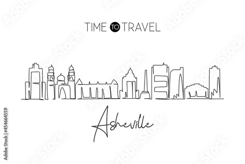 Single one line drawing Asheville city skyline  North Carolina. World historical town landscape. Best holiday destination postcard. Trendy continuous line draw graphic design vector illustration