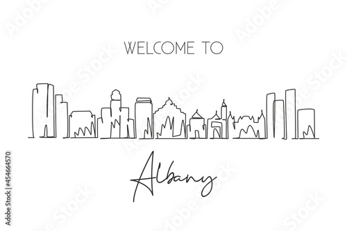 Continuous one line drawing Albany city skyline, New York. Beautiful landmark artwork. World landscape tourism travel wall decor poster print art. Stylish single line draw design vector illustration