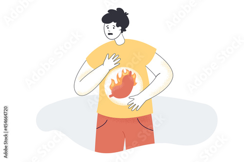 Cartoon man with stomachache or heartburn. Character with gastric disease, abdominal pain, acid reflux, symptom of gastritis or pancreas flat vector illustration. Health, gastroenterology concept