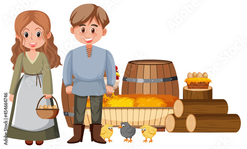 Couple medieval peasants with farm objects