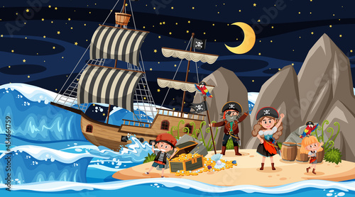 Treasure Island scene at night with Pirate kids