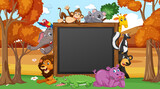 Empty blackboard with various wild animals in the forest