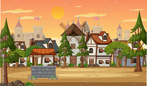 Medieval village scene with windmill and houses