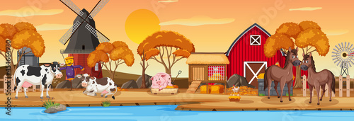 Farm horizontal landscape scene with farm animals