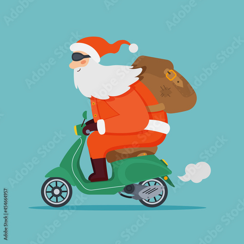 Santa Claus rides vintage green motor scooter with backbag of presents. Christmas holiday greeting card design element. Vector cartoon flat illustration isolated on white background