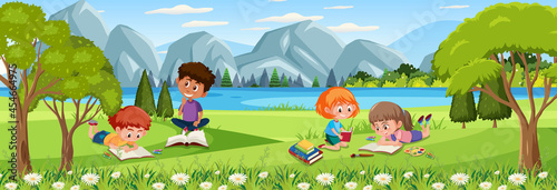 Outdoor scene with many kids reading book at the nature park