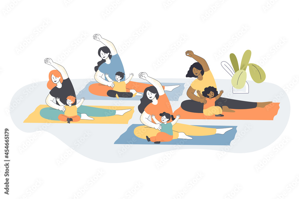 Group yoga class for moms with children. Mothers and babies doing yoga exercises together flat vector illustration. Family, sports, healthy lifestyle concept for banner, website design or landing page Group yoga class for moms with children. Mothers and babies doing yoga exercises together flat vector illustration. Family, sports, healthy lifestyle concept for banner, website design or landing page
