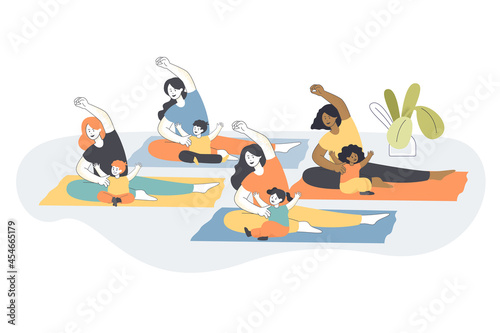 Group yoga class for moms with children. Mothers and babies doing yoga exercises together flat vector illustration. Family, sports, healthy lifestyle concept for banner, website design or landing page