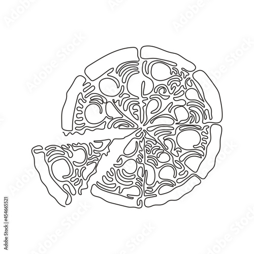 Continuous one line drawing pizza with tomato, cheese, olive, sausage, onion, basil. Delicious traditional Italian fast food. Swirl curl style. Single line draw design vector graphic illustration