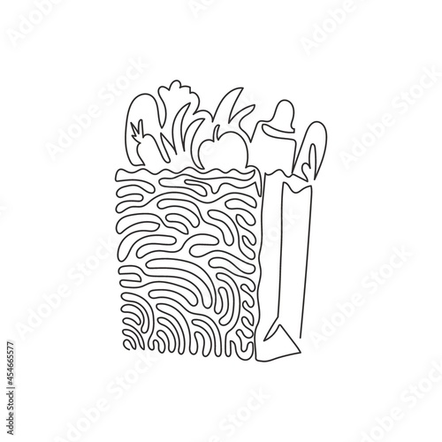 Continuous one line drawing grocery bag with vegetables. Paper package with agricultural products and fruits. Paper bag in swirl curl style. Single line draw design vector graphic illustration