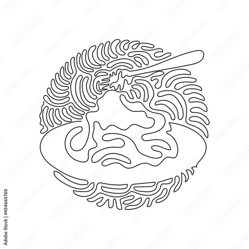 Single continuous line drawing spaghetti bolognese with fork on plate. Classic Italian pasta dish for lunch. Swirl curl circle background style. One line draw graphic design vector illustration
