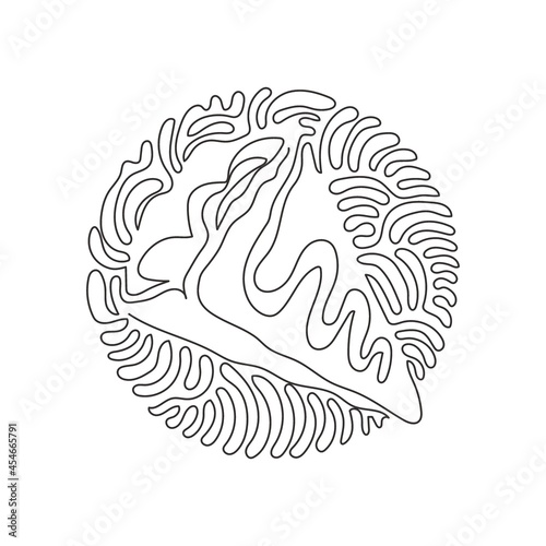 Single one line drawing crepes with bananas and chocolate, pancakes snacks in cafe or restaurant. Swirl curl circle background style. Modern continuous line draw design graphic vector illustration