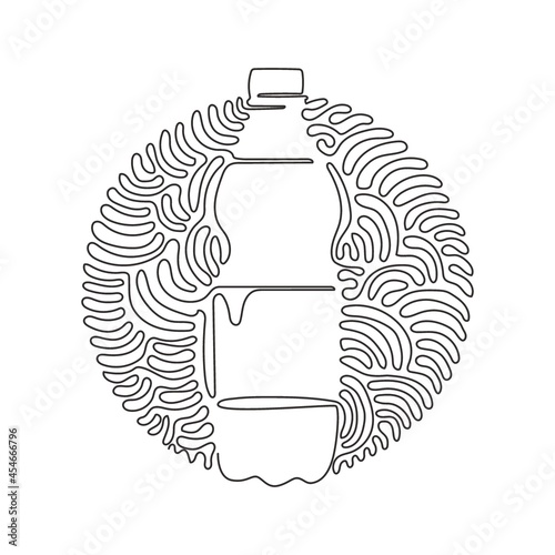 Continuous one line drawing soft drink in bottle plastic. Cold soda for refreshing feeling. Drink to quench thirst. Swirl curl circle background style. Single line design vector graphic illustration