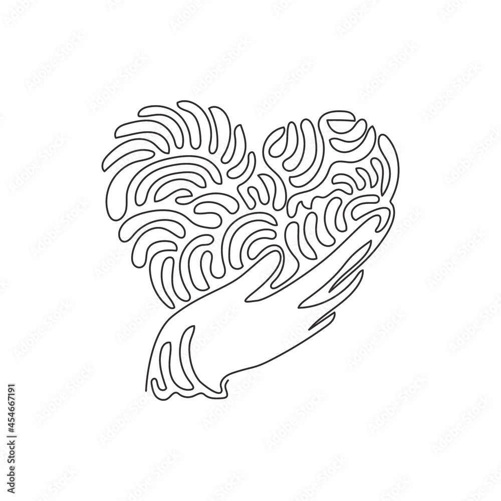 Fototapeta premium Single one line drawing hand holding heart icon. Save life or health care symbol. Swirl curl style. Isolated vector symbol. Modern continuous line draw design graphic vector illustration