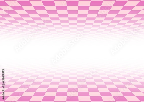 チェックのピンクの壁が奥に向かう幾何学的な背景