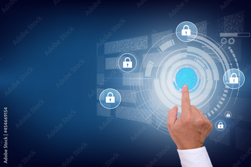Hand touching virtual screening on cybersecurity and information technology security services concept. Businessman with protective gesture Lock icon to protect the security on blue background Hand touching virtual screening on cybersecurity and information technology security services concept. Businessman with protective gesture Lock icon to protect the security on blue background