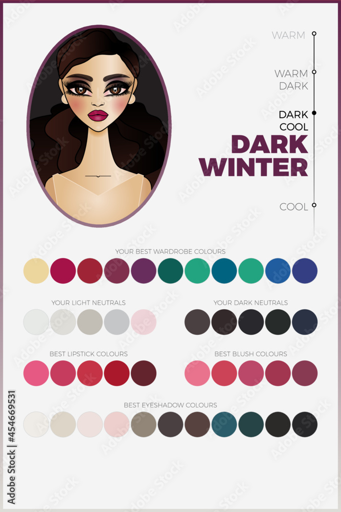 Seasonal color analysis palette for Dark Winter vector chart with