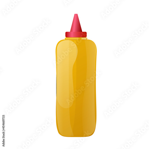 Mustard in yellow bottle. Dijon honey sauce cream. Vector design in cartoon style for food branding.